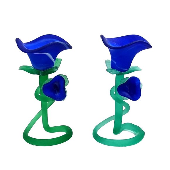 MURANO Cobalt Blue Rose Flower Tulip Art Glass Candle Candlestick Holder Vintage - Picture 2 of 11